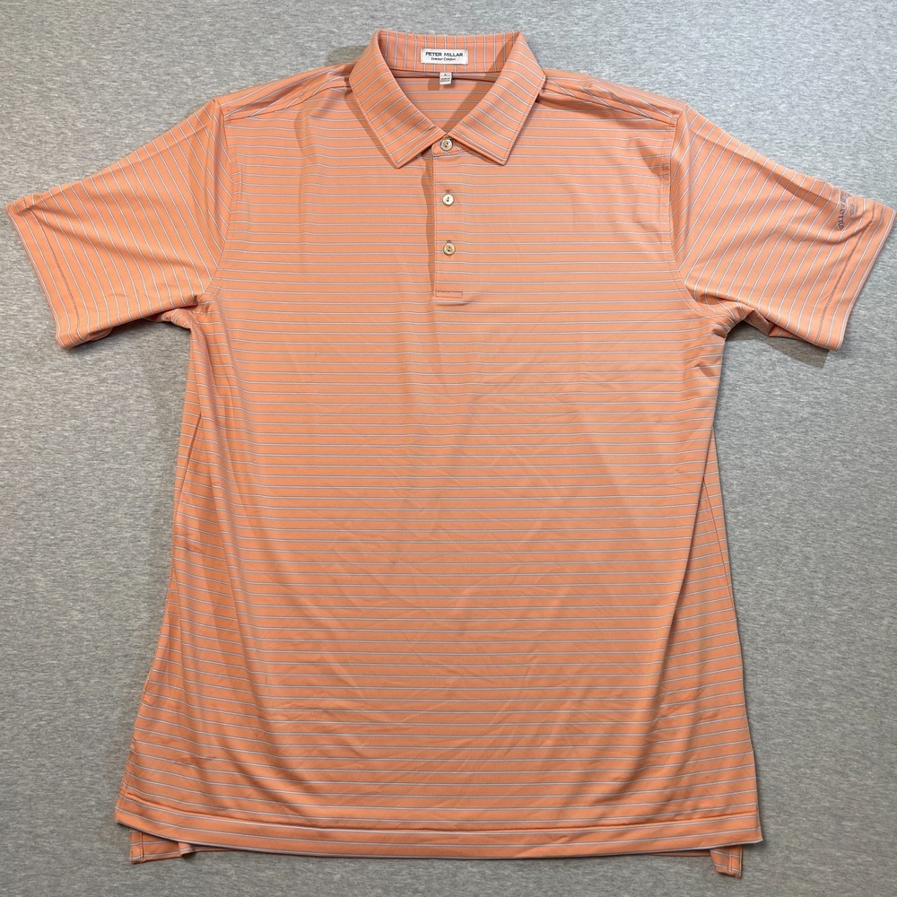 Peter Millar Polo Shirt Mens Large L Summer Comfort Orange Striped Willow Brook